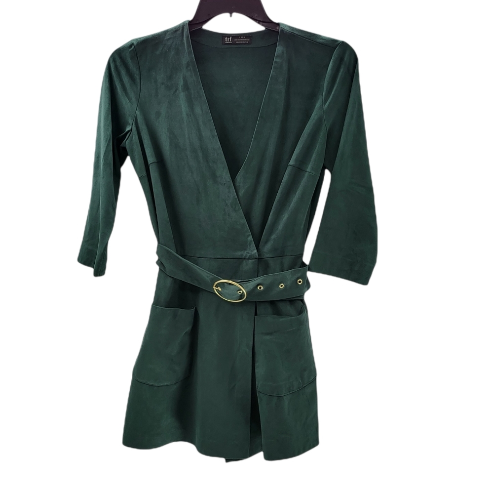 Zara TRF Collection Dark Green Faux Suede Belted Mock Wrap Romper Size Medium. - Picture 3 of 10